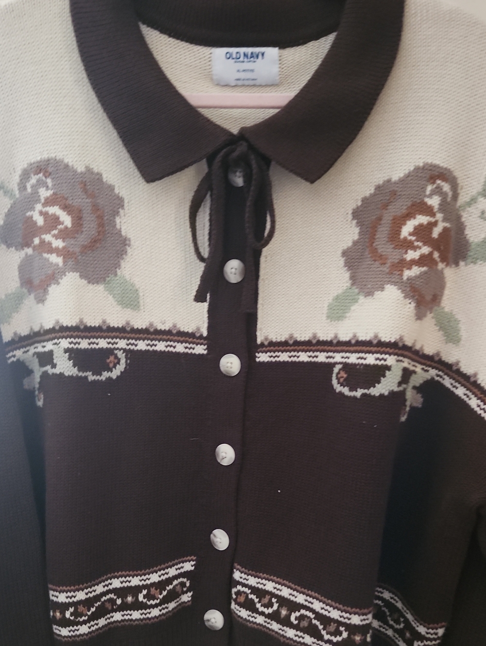 Old Navy Brown and Cream Floral Polo-Style Cardigan